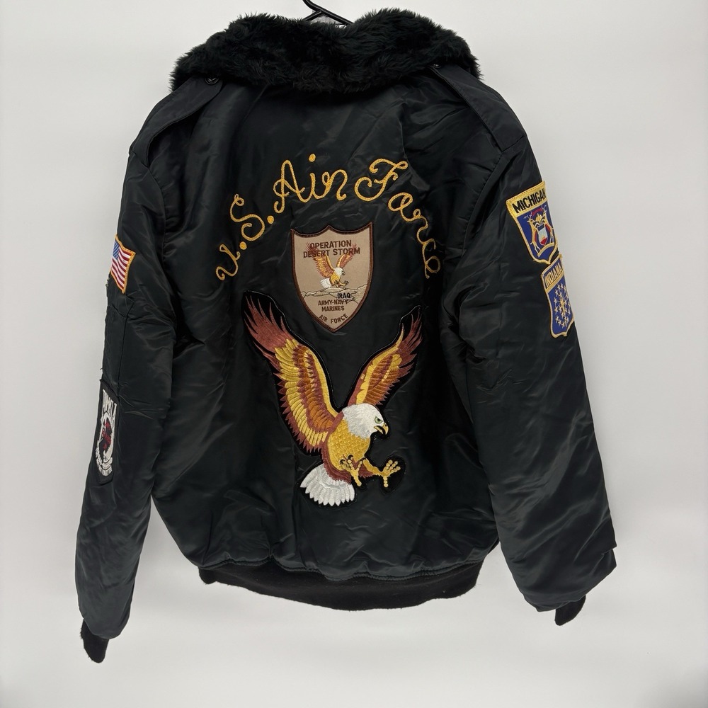 Vtg 70s Timber King Air Force  Bomber Jacket EmbroideredPatches Military Men Med